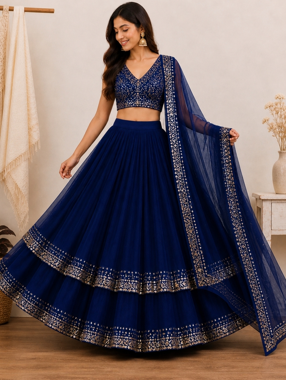 Blue Gorgette With Sequined Work Lehenga Choli